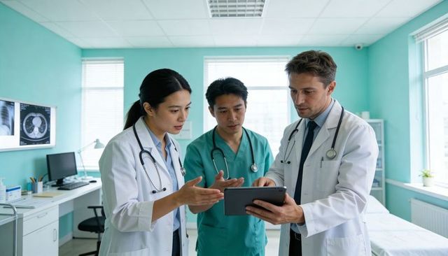 Multidisciplinary medical team reviewing tablet and ct scans in bright clinic consultation
