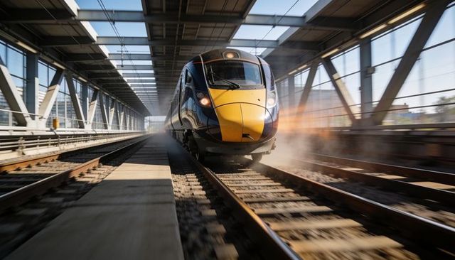 High-speed train racing through steel truss bridge with yellow nose and motion blur