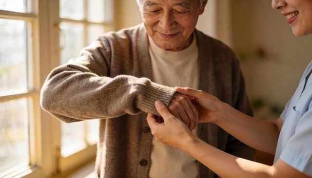 Caregiver helping senior man with cardigan near sunlit window, warm elder care moment