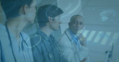 Doctors analyzing digital health data on hospital screen