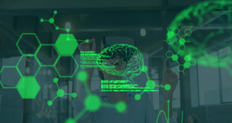 Woman in Office Using VR Headset Analyzing Science Data