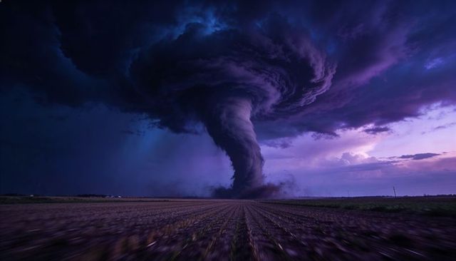 Towering swirling tornado over flat farmland at twilight under dramatic rotating supercell