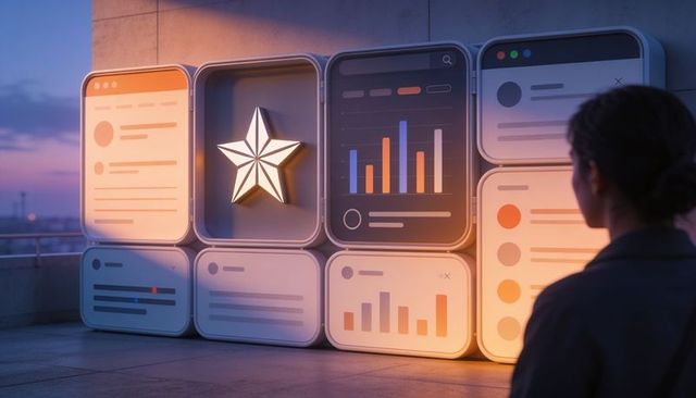 Viewing modular ui wall with lit 3d star and data analytics panels on rooftop dusk