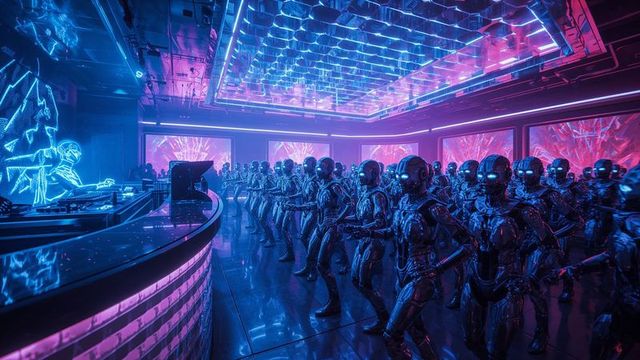 Futuristic Robots Dancing in Neon Lit Club under AI Influence
