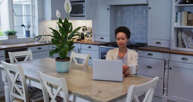 Woman Working on Laptop at Home Kitchen Table - Download Free Stock Images Pikwizard.com