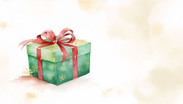 Sitting green gift box with red ribbon and gold snowflakes on soft watercolor background