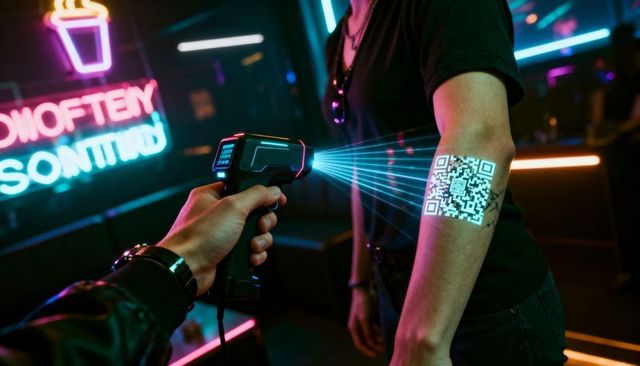 Handheld scanner scanning qr code tattoo on arm in neon nightclub for id check