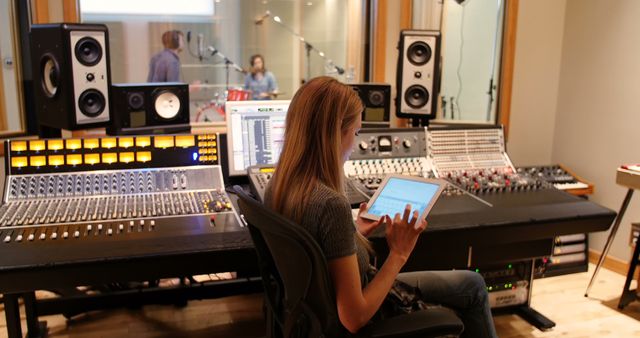 This image captures a sound engineer working in a recording studio, using a digital tablet and surrounded by a variety of audio equipment including a mixing console. Ideal for illustrating concepts related to music production, sound engineering, professional audio work, and technology in creative industries. Suitable for use in articles, blogs, and presentations about recording studios, music technology, and audio workflows.