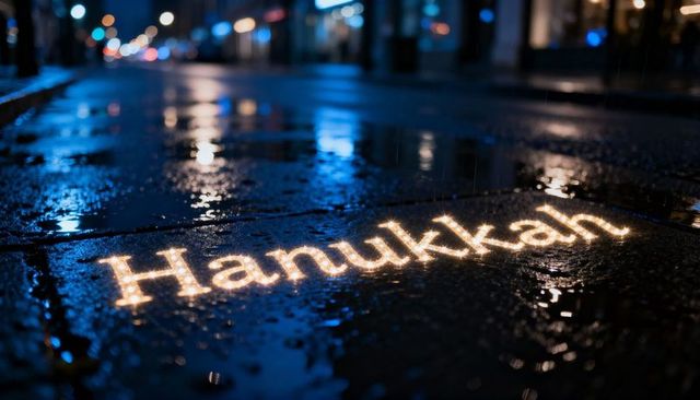 Hanukkah Light Projection on Wet Urban Pavement at Night with Warm Reflections and Bokeh