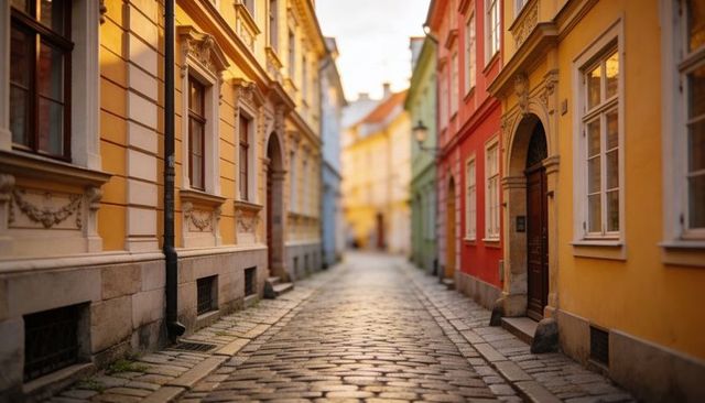 Sunlit Narrow Cobblestone Alley Leading Eye Through Colorful Historic Facades