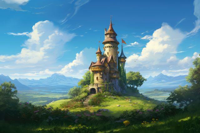 Tower in mountains over blue sky with clouds, created using generative ai technology. Fantasy, fairy tale and landscape concept digitally generated image.