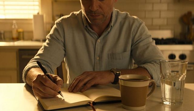 Middle-aged man writing morning journal at kitchen table with coffee and glass of water