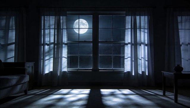 Moonlight Casting Through Paned Window, Full Moon Framing Silent Living Room Night
