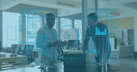 Businessmen Discussing Global Data in Modern Office