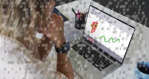 Overwhelmed woman viewing nft pet token chart on laptop with floating binary code overlay