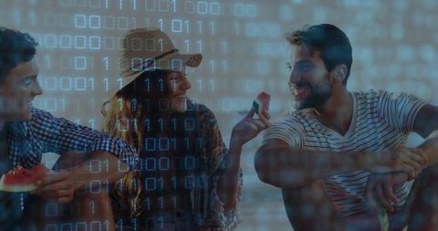 Friends Relaxing with Binary Theme at Lakefront