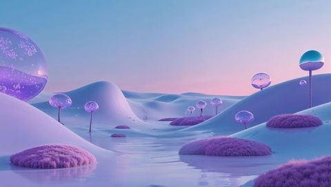 Surreal Dreamscape with Orb-Topped Trees Reflecting in Serenity