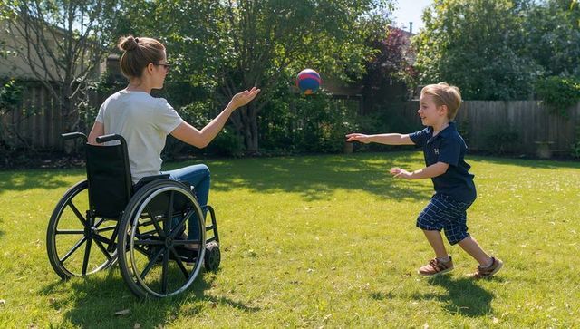Caregiver in wheelchair tossing ball to young boy on sunny backyard lawn, inclusive family play