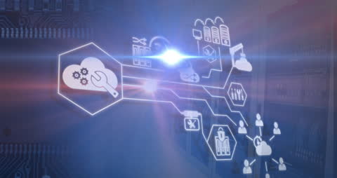 Digital Cloud Computing Icons over Server Background with Lights