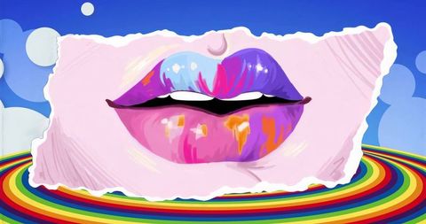 Floating pastel glossy lips on rainbow ring pop art surreal cosmetic illustration
