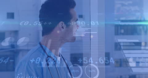 Doctor Analyzing Complex Financial Data Projections in Future Healthcare