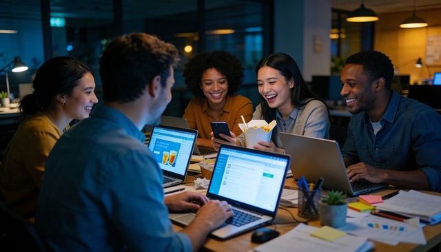 Diverse team collaborating late night in open office with laptops, smartphones and takeout