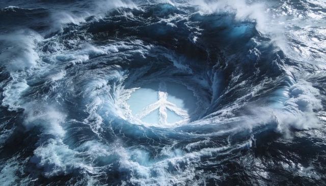 Ocean vortex forming peace symbol in foaming whirlpool, dramatic storm turbulence