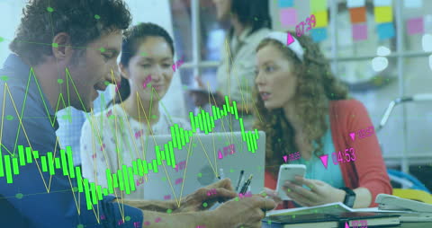 Collaboration Meeting with Financial Data Overlay in Modern Office