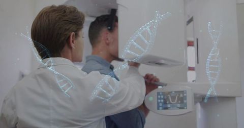Dental technician positioning patient for panoramic x-ray scan with digital dna hologram overlay