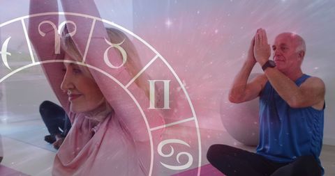 Senior Group Meditating with Horoscope Overlay