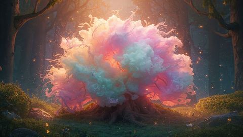 Luminescent Pastel Tree Radiating Dreamlike Light in Mossy Forest Clearing at Twilight