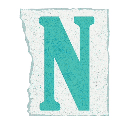 Teal letter n on torn off-white paper with transparent background