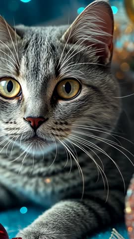 Vertical video zooming on gray tabby nudging red bauble on blue fabric, amber eyes close-up