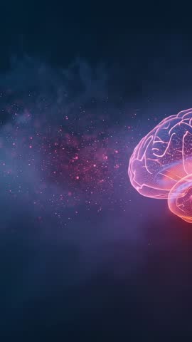 Rotating Neon Brain Emerging Through Particle Cloud in Space — Vertical Abstract Neuroscience Clip