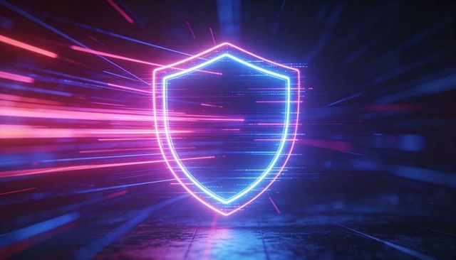 Neon holographic shield emblem with cybersecurity glitch lights and speed trails