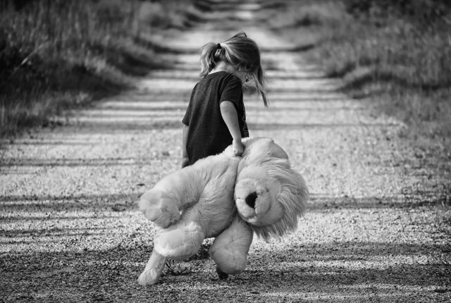 This image depicts a young girl holding a large stuffed toy while walking along a gravel path in a rural outdoor setting. The black-and-white tones emphasize the simplicity and innocence of childhood moments. Ideal for use in family-oriented articles, early childhood education materials, advertisements focusing on children's products, or promoting outdoor activities and adventures for kids.