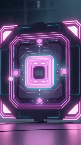 Hovering neon cube rotating above lab platform emitting drifting sparks and pulsing energy