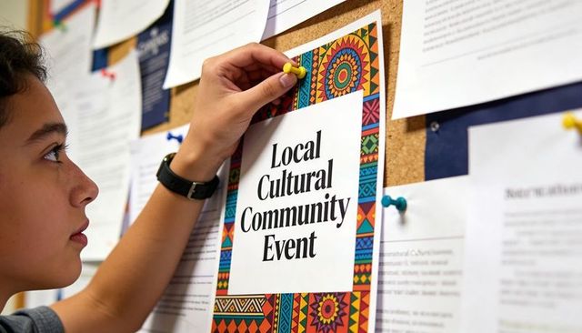 Teen pinning colorful cultural event flyer on community bulletin board