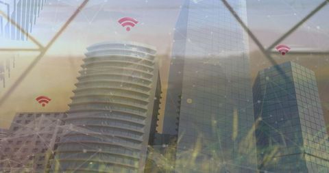 Futuristic cityscape with wifi connectivity icons and network overlay