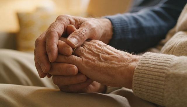 Elderly couple holding hands showing tenderness companionship and lifelong support