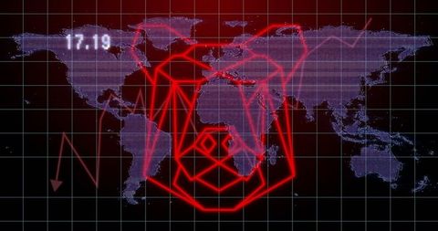 Projecting neon-red cyber emblem across global network grid with glowing nodes and data arcs