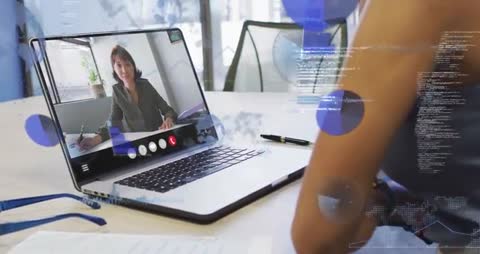 Remote manager presenting data during video conference with animated business charts