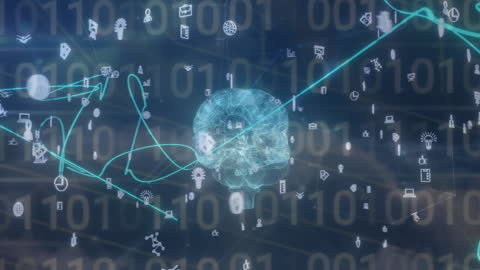 Brain AI with Binary Code and Technology Icons