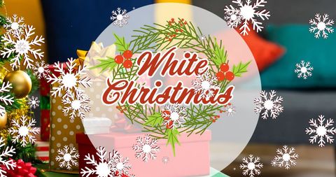 White Christmas Text with Falling Snow and Gifts Indoors