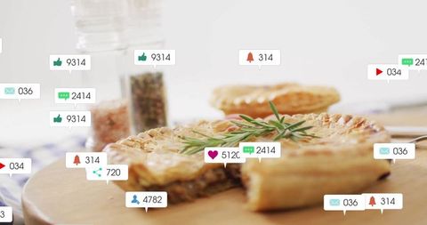 Savory meat pie with social media icons overlay
