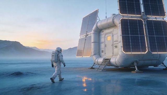 Astronaut walking on frozen planet toward inflatable solar habitat at twilight