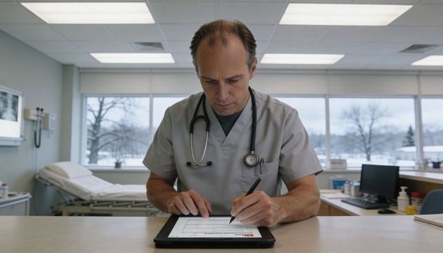 Clinician completing digital patient form on tablet in exam room with stethoscope
