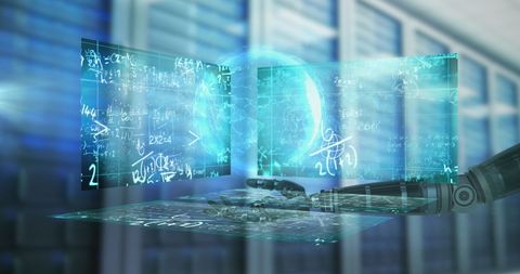 Robotic arm analyzing digital mathematical equations