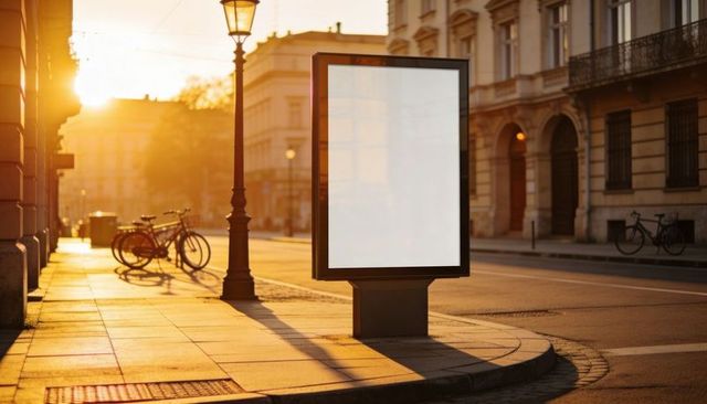 Blank advertising display glowing at golden hour on quiet historic street with bicycles
