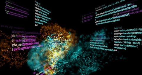 Bicolor data nebula glowing with particle trails and floating code panels in 3D cyberspace